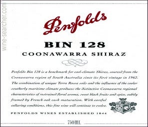 Label 1 of Penfolds Bin 128 Shiraz