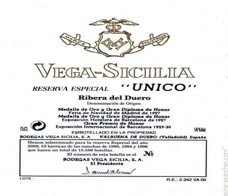 Label 1 of Vega Sicilia Unico Reserva Especial
