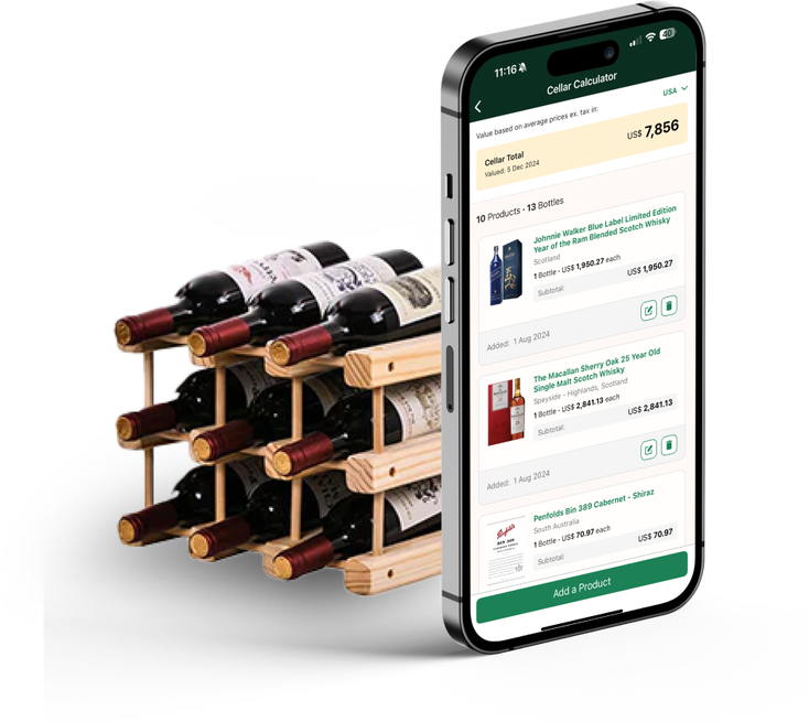 a wine rack alongside Wine-Searcher's cellar calculator